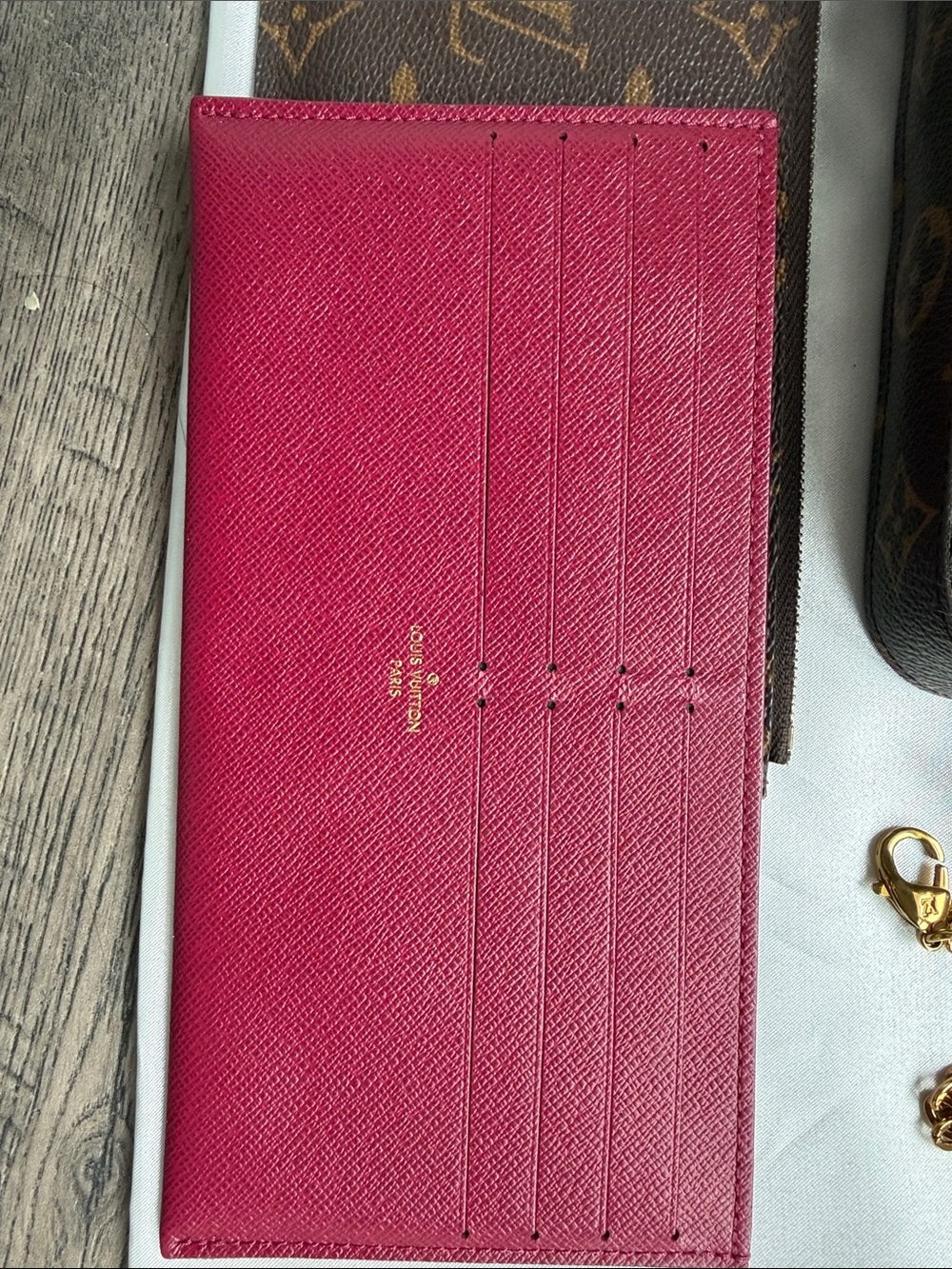 Louis Vuitton Monogram Wallet Trio with Fuchsia Cardholder & Gold Chain - Picture 2 of 5